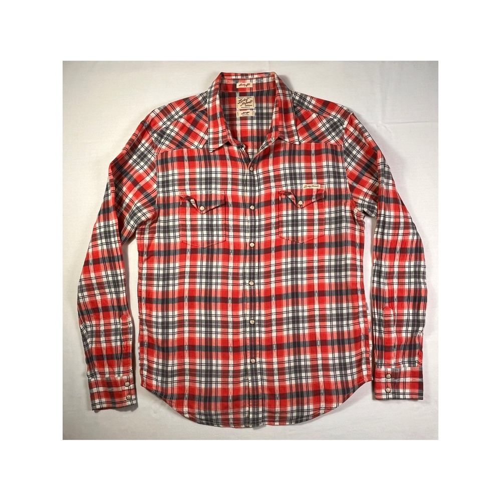 Lucky Brand Red Plaid Western Pearl Snap Shirt Mens Large Slim Fit Cotton